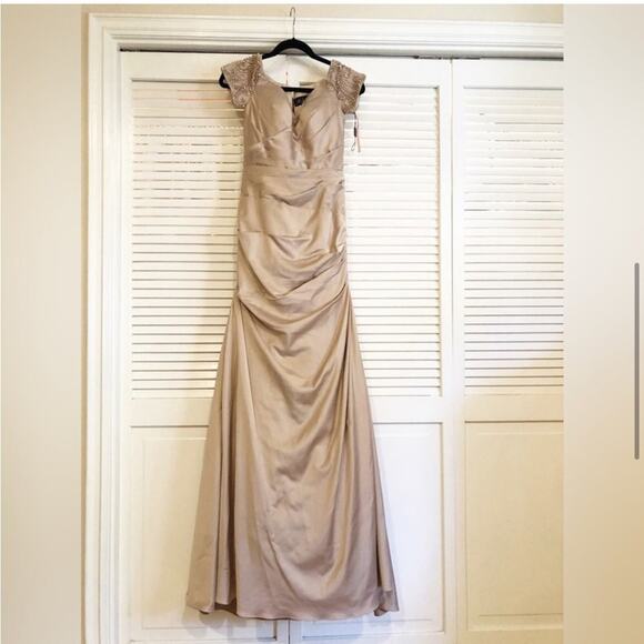 NWOT La Femme Off the Shoulder Beaded Satin Trumpet Gown in Champagne - Picture 4 of 11